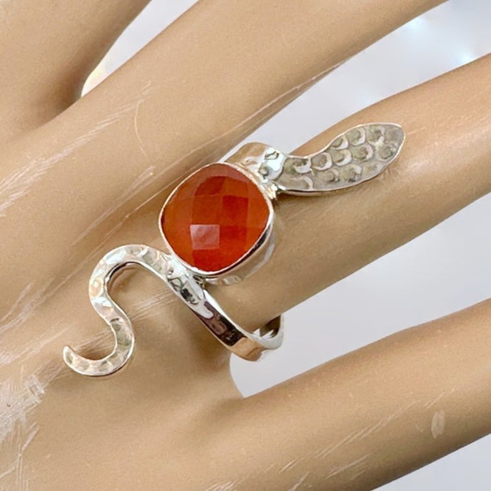 Snake Ring, Sterling Silver, Carnelian, Faceted Stone, Size 6 1/2, Handmade - Picture 5 of 7